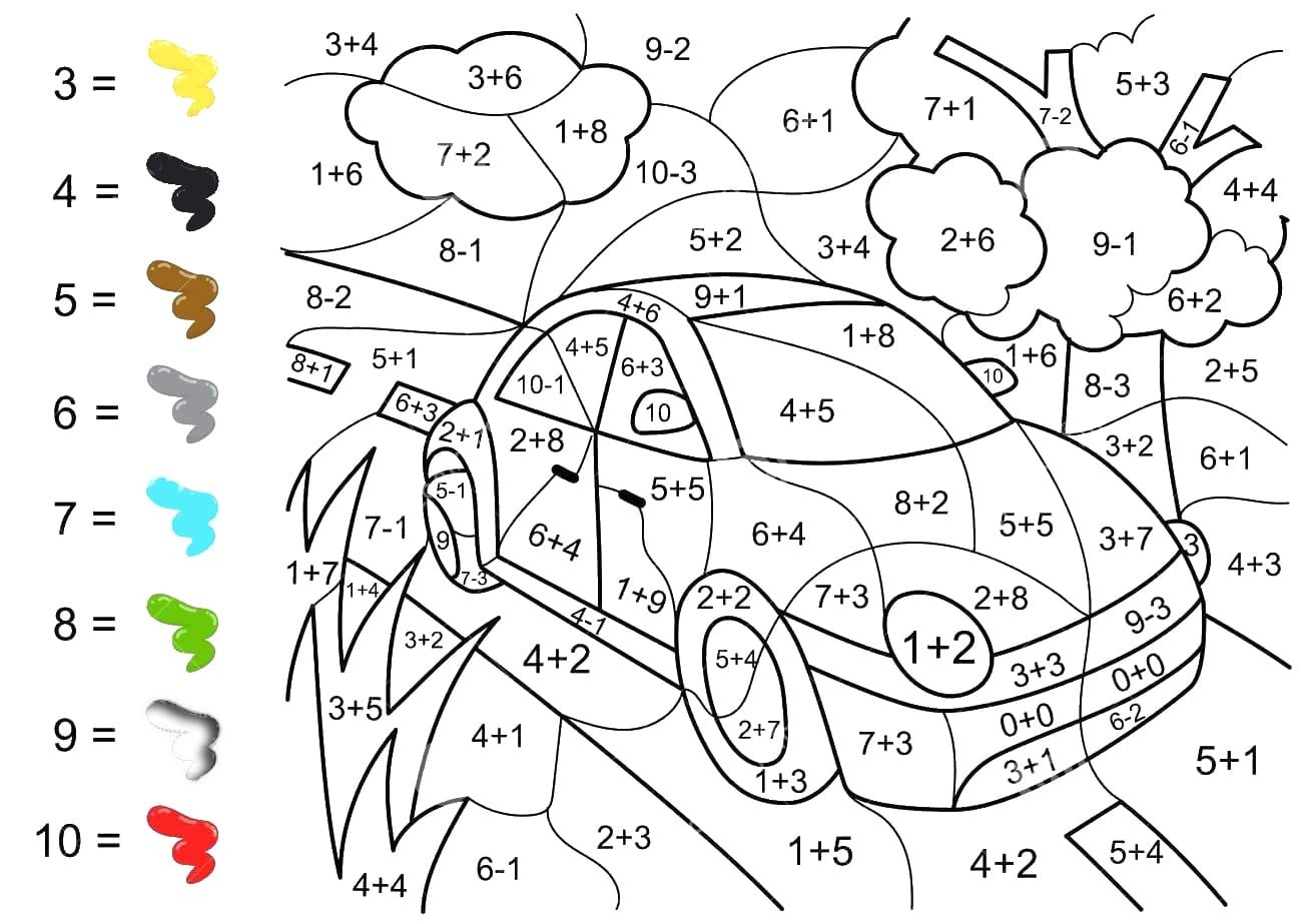 Математические раскраски на сложение и вычитание в пределах 10 для дошкольников и 1 класса