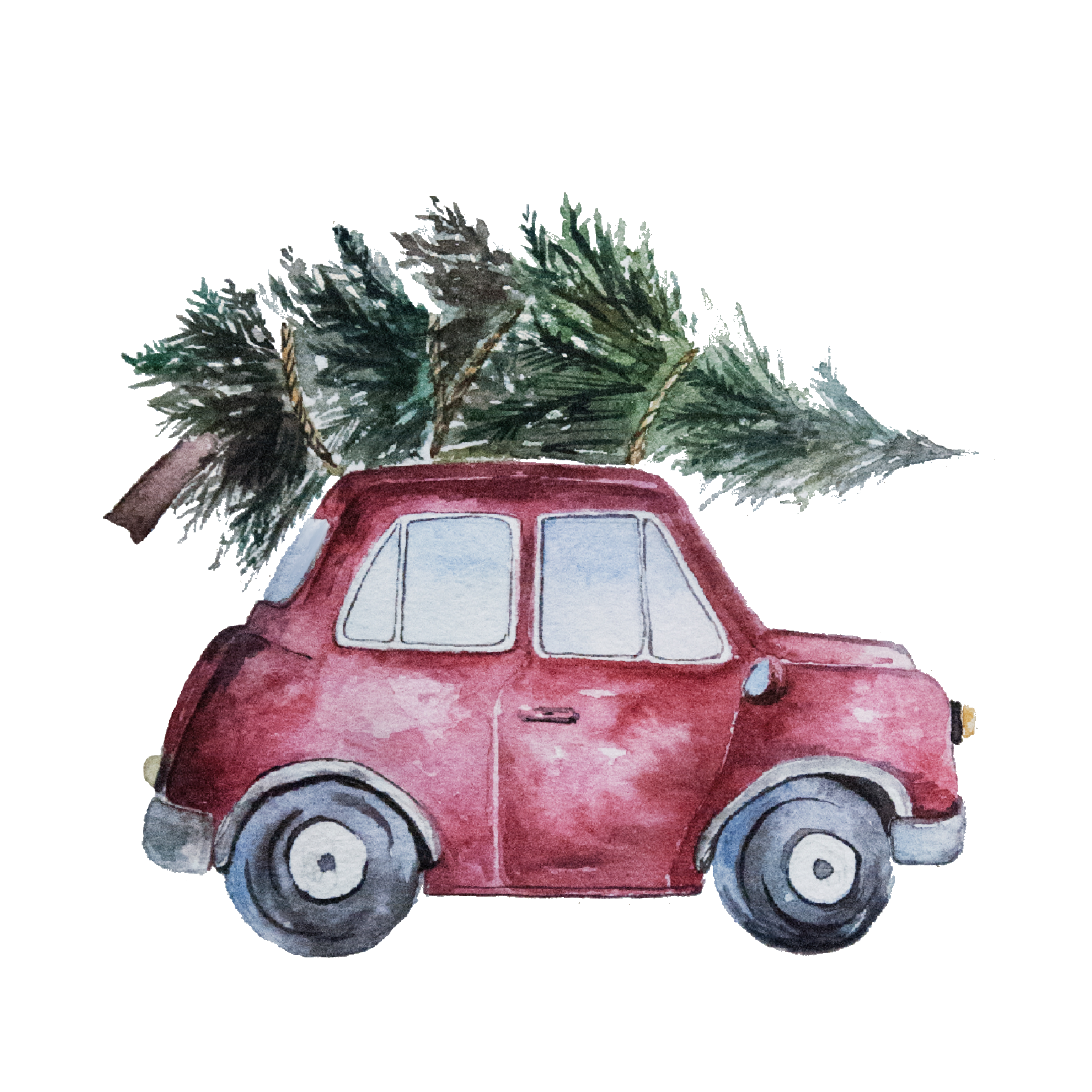 Красная машинка с елкой. Машинка с елкой на крыше. Машина с елкой акварель. Новогодняя машина с елкой.
