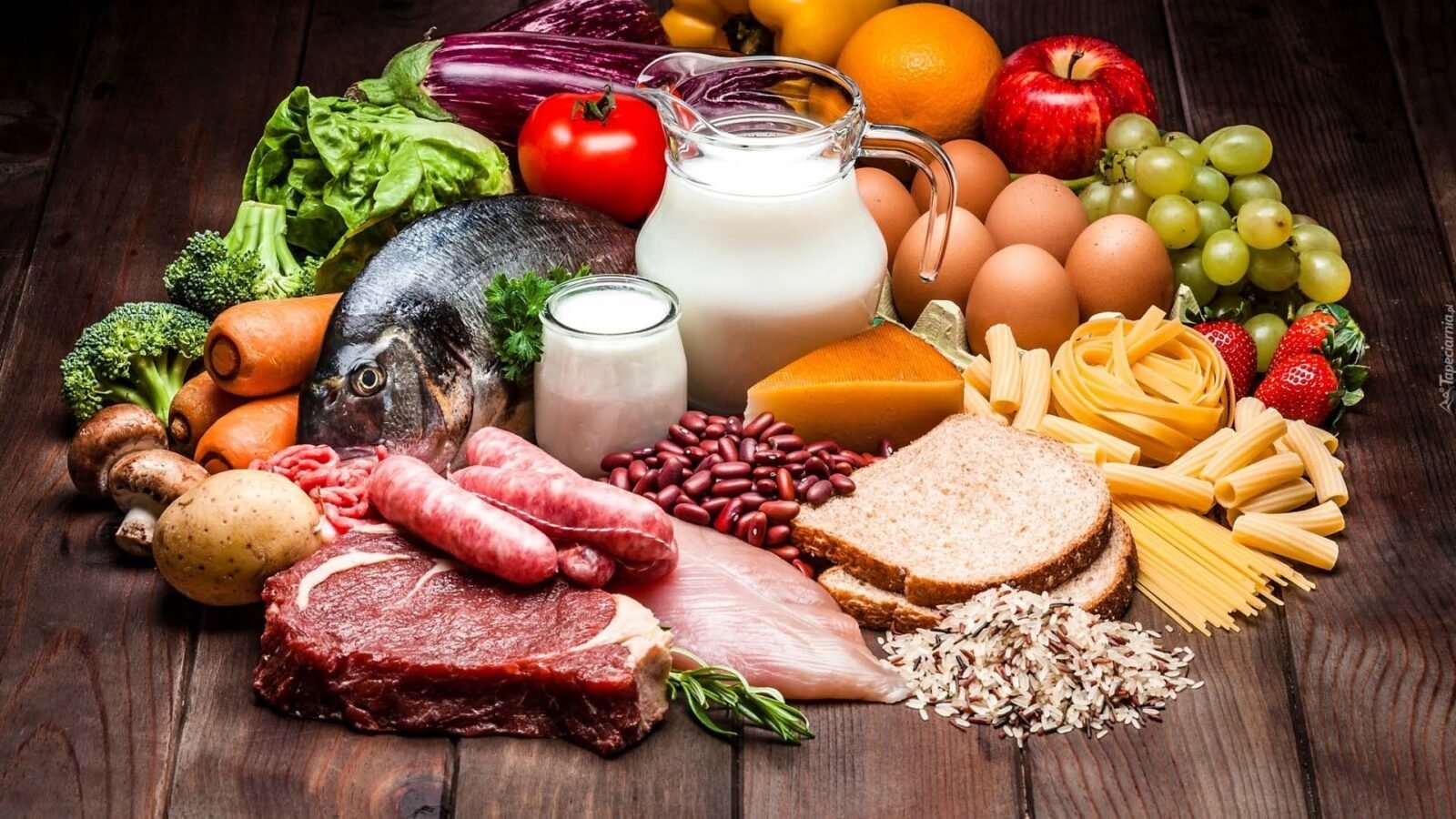 Продукты питания. Здоровая пища. Разные продукты. Мясо овощи фрукты.