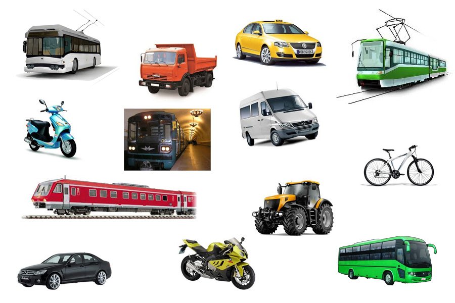 Трактор и легковой автомобиль. Наземный транспорт. Разные виды транспорта для детей. Транспортные средства для детей. Иллюстрация с разными видами транспорта.