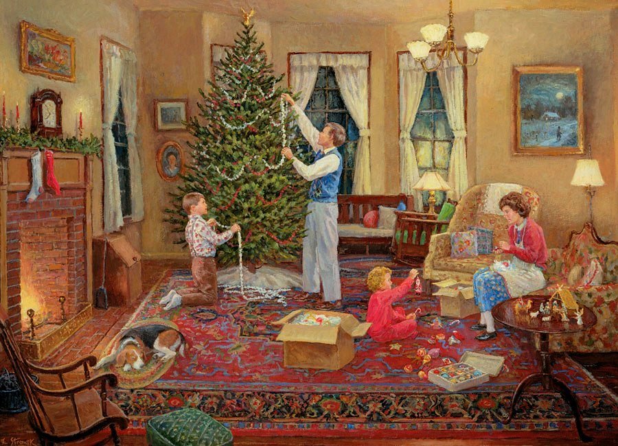 Семья эльфов украшала елку. Светлое Рождество Вигго Юхансен. Рождество семейный праздник.
