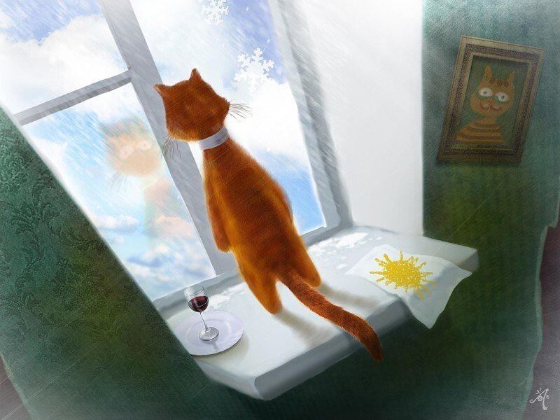 Как ждал я до утра. Иллюстрации счастье. Кот в ожидании весны. Кот на окне рисунок. Котик ждет.