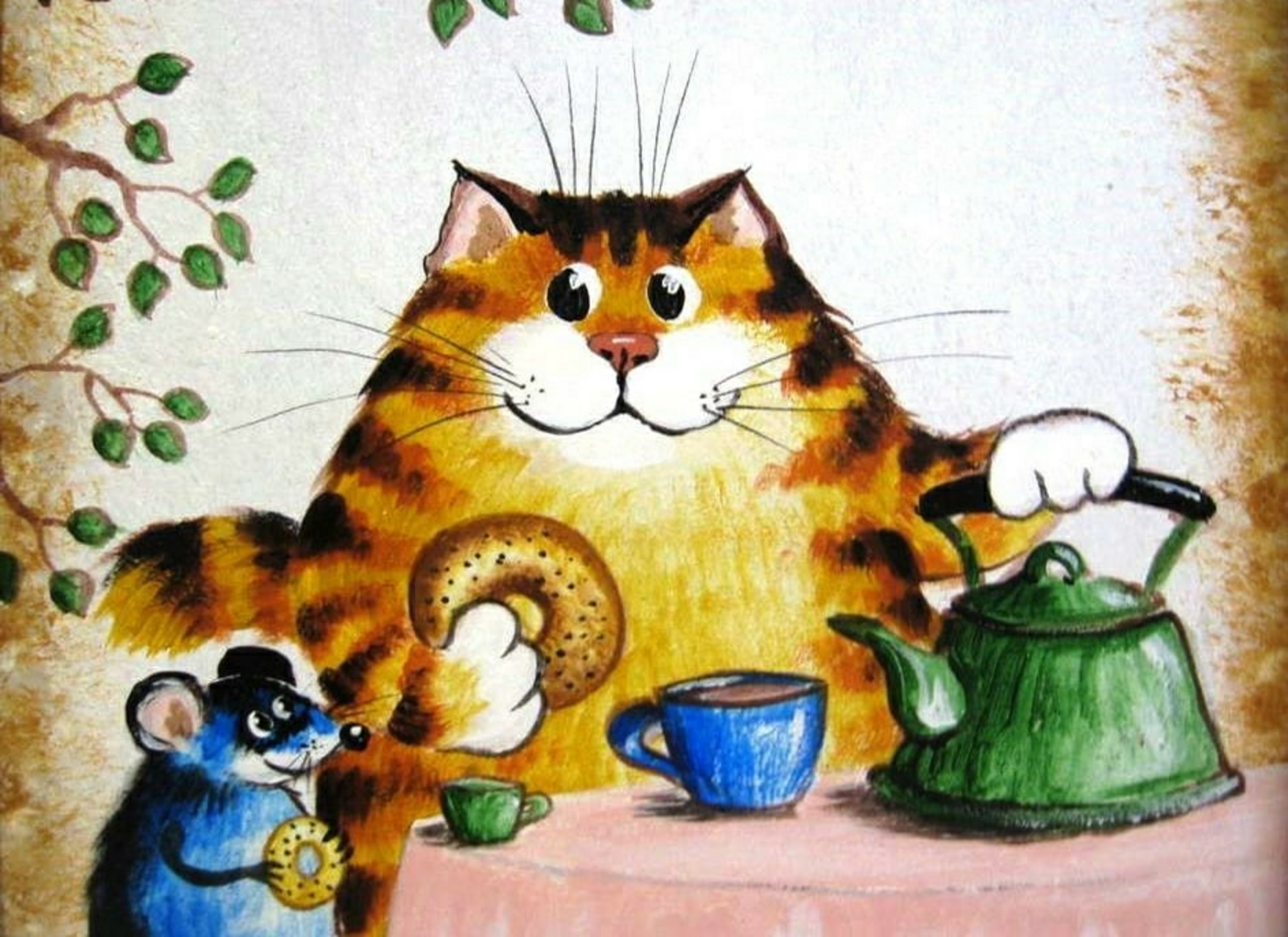 Чаепитие с котами. Открытки с добрым утром с котиками. Котик пьет чай. Коты рисунки.