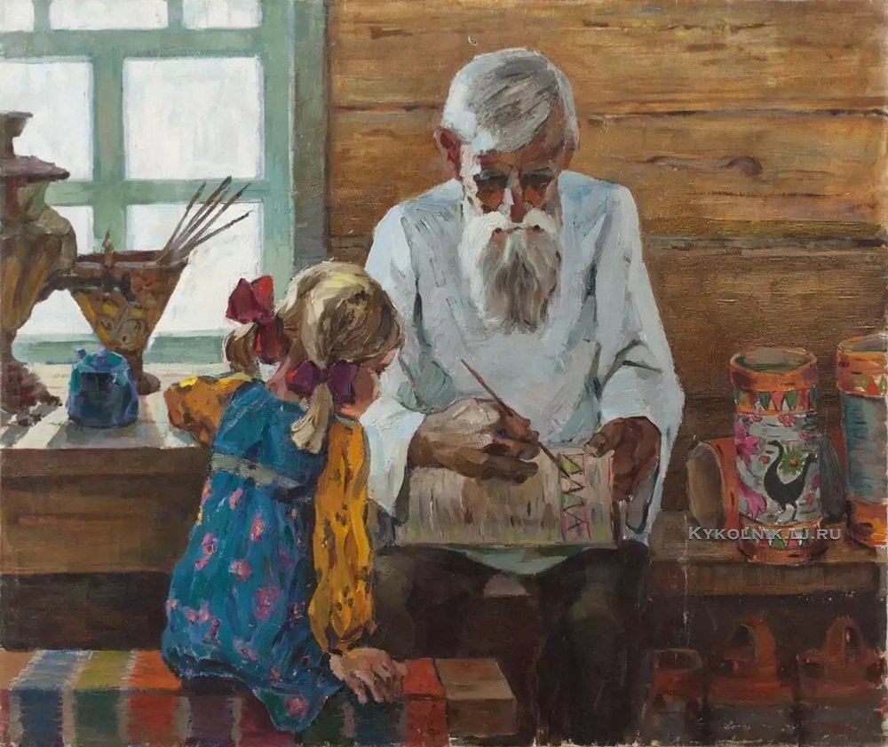 Дед пришел к внуку. Старики и дети в деревне живопись. Дедушка и внучка.