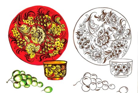 Элементы хохломской росписи на посуде