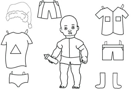 Раскраска кукла мальчик с одеждой