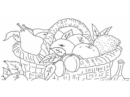Плетеная корзина с урожаем овощей и фруктов. Раскраска