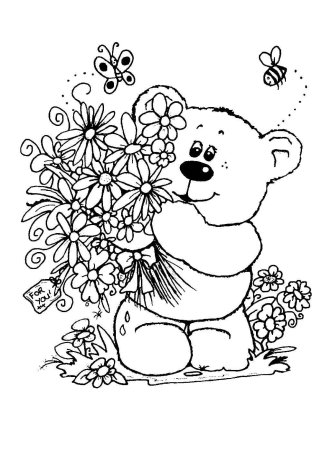 Мишка с цветами раскраска