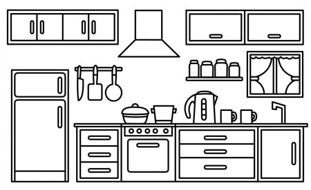 Раскраска кухня с мебелью