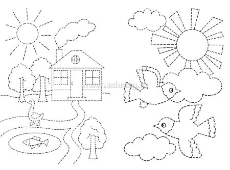 Обвести домик по пунктирной линии