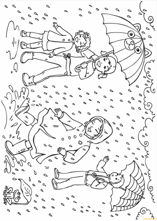 Дети под дождем раскраска