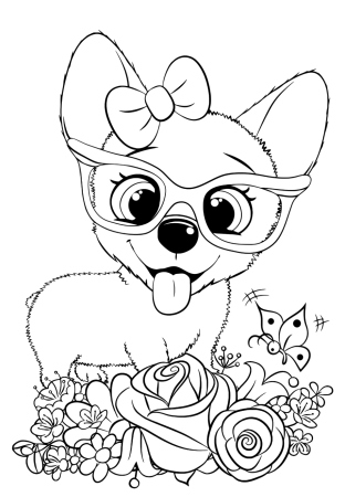 Раскраска собачка с цветами