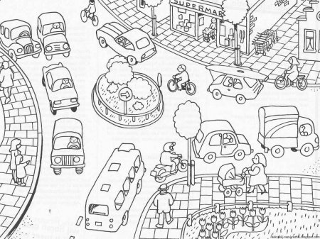 Раскраска город с машинами для детей