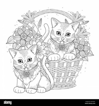 Раскраска кошечка в корзинке