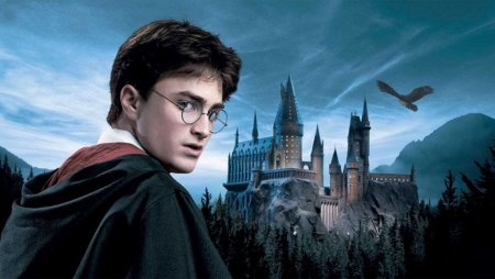 Гарри Поттер на фоне Хогвартса
