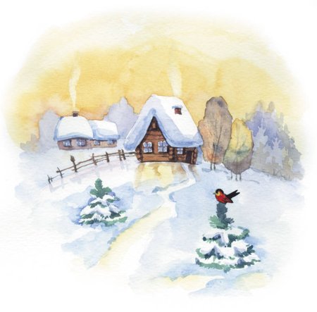 Зимний пейзаж с домиком акварелью