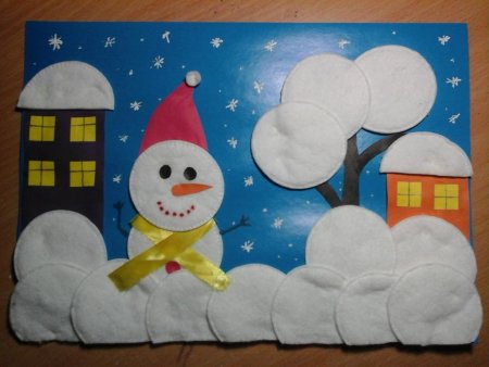 Зимняя аппликация из ватных дисков