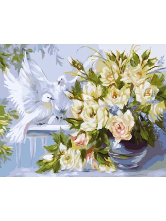 Живопись цветы и голуби