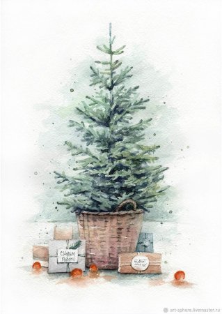 Новогодняя ель акварель
