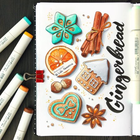 Рисунки маркерами для скетчинга новогодние Лиза Краснова