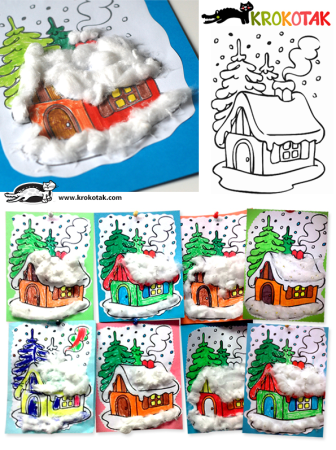 Зимний домик аппликация с ватой