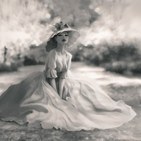 Девушка в белом платье и шляпе