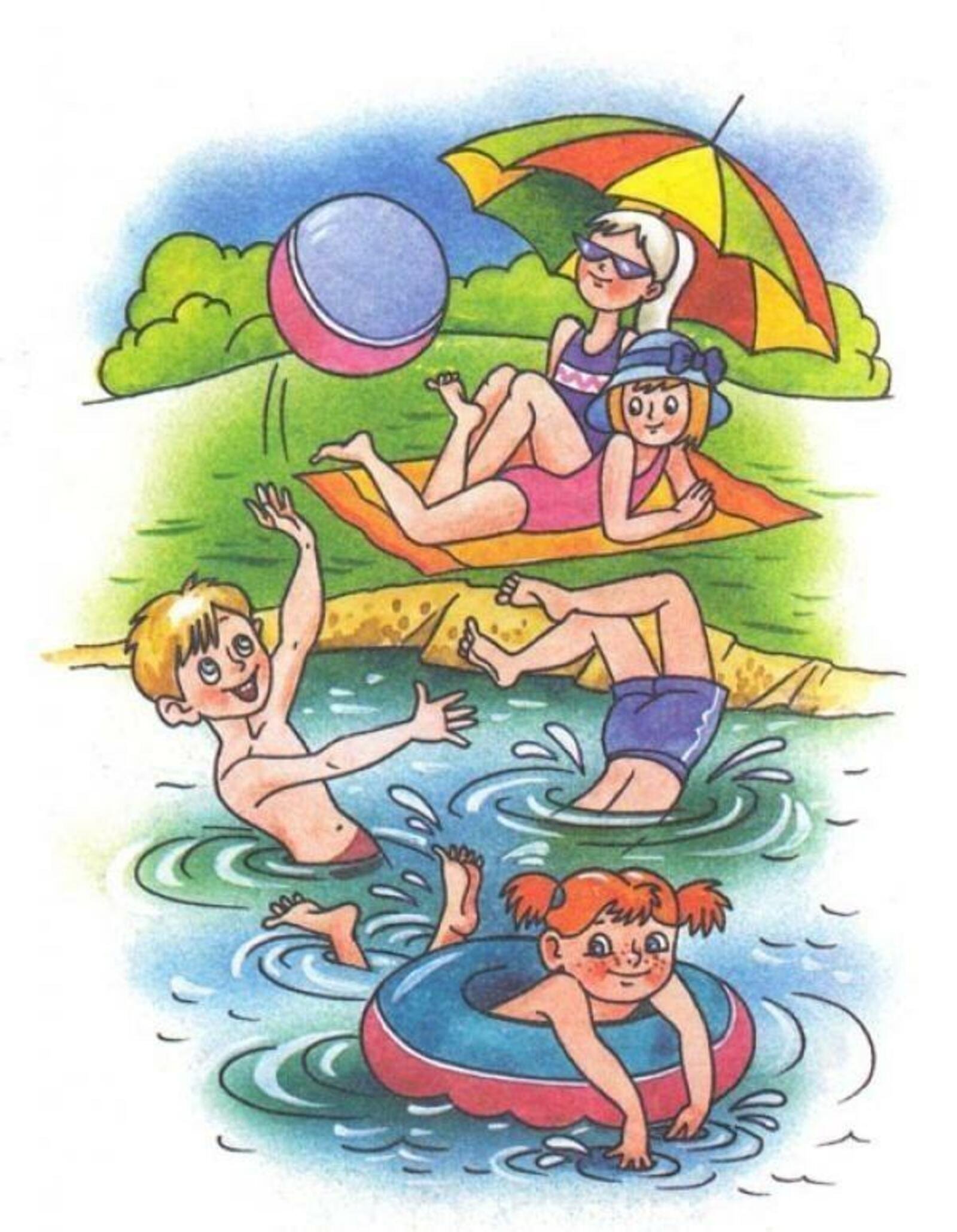 Купание рисунок. Рисунок лето. Дети летом рисунок. Лето купание для дошкольников. Лето дети купаются в реке.