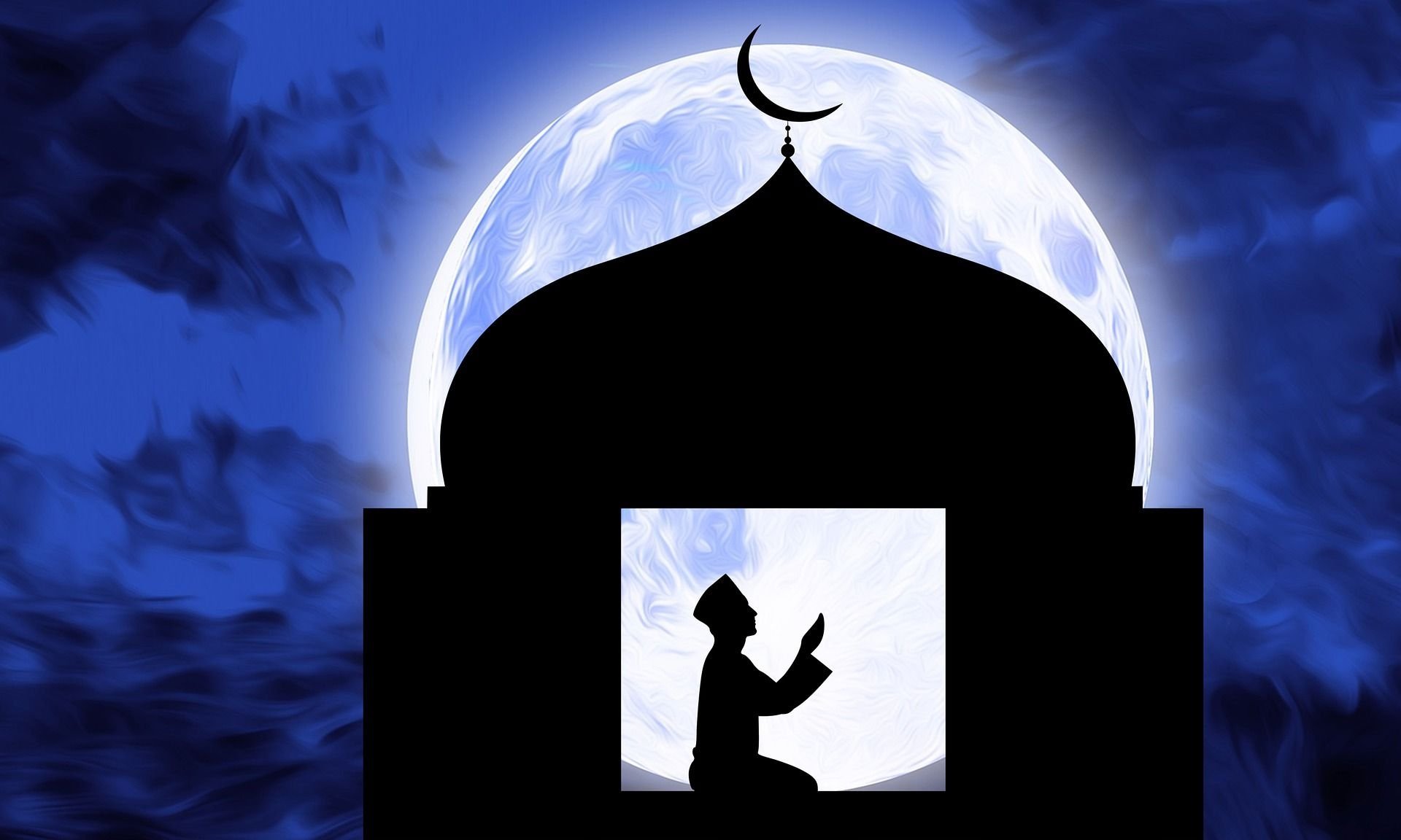 Траур в исламе. Мусульмане в мечети. Мусульманская Луна.