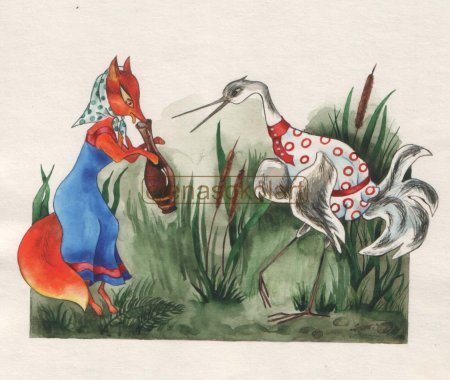 Лисица и Журавель старинные иллюстрации