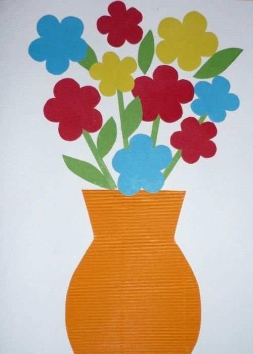 Ваза с цветами из цветной бумаги. Аппликация цветы в вазе. Аппликация ваза с цветами. Поделка ваза с цветами.