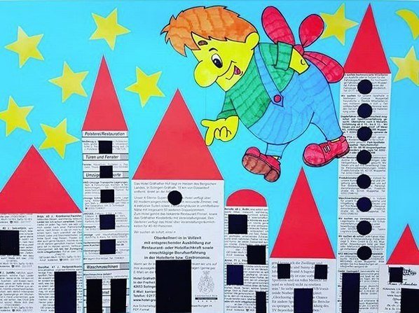 Геометрическая аппликация из бумаги и газет