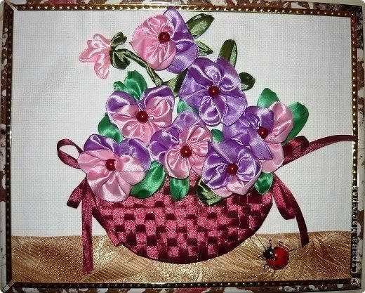 Вышивка лентами Анютины глазки