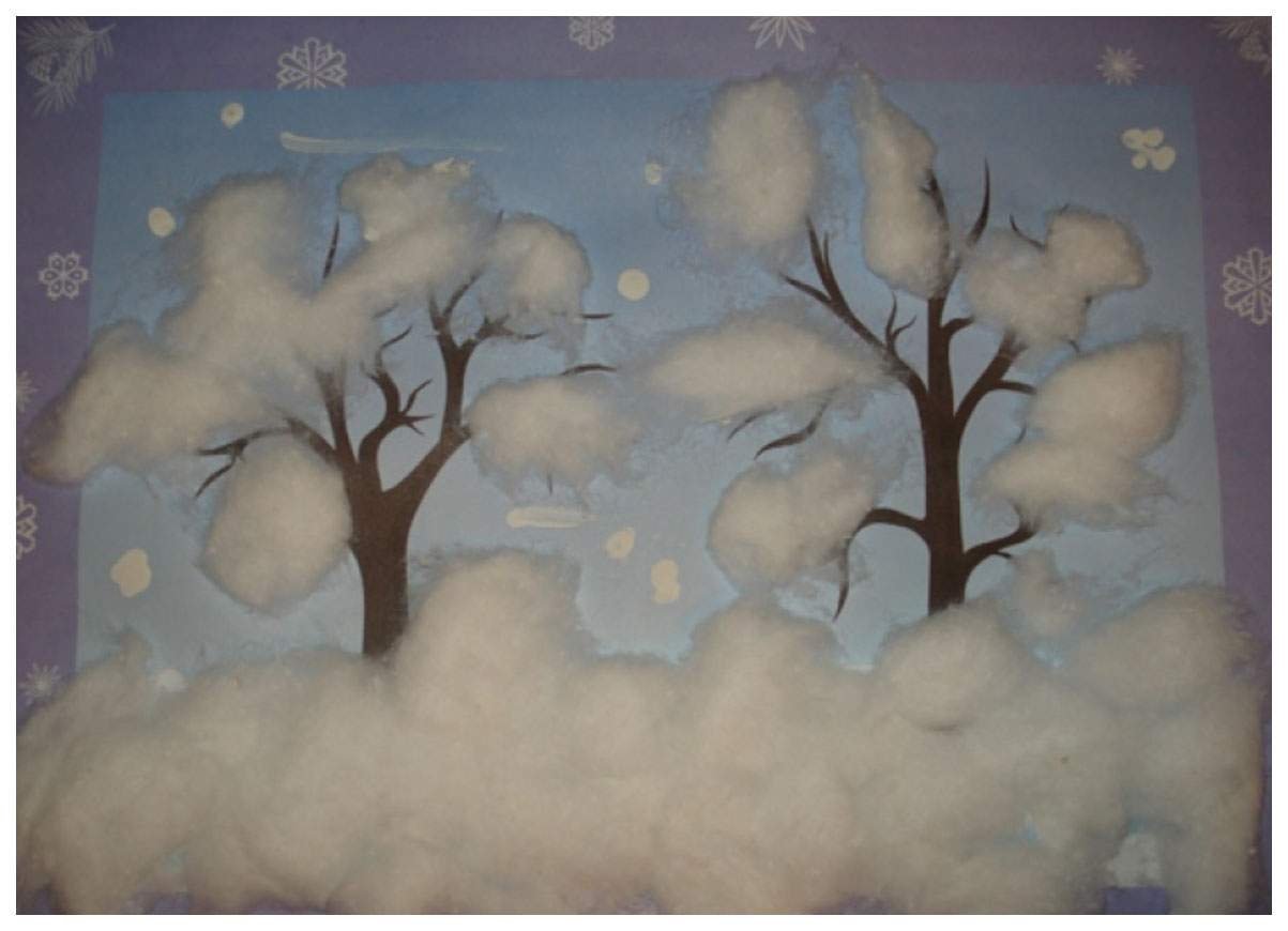 Деревья в снегу вторая младшая группа. Аппликация из ваты. Зимняя аппликация с ватой. Аппликация зимний пейзаж. Аппликация зимнее дерево.