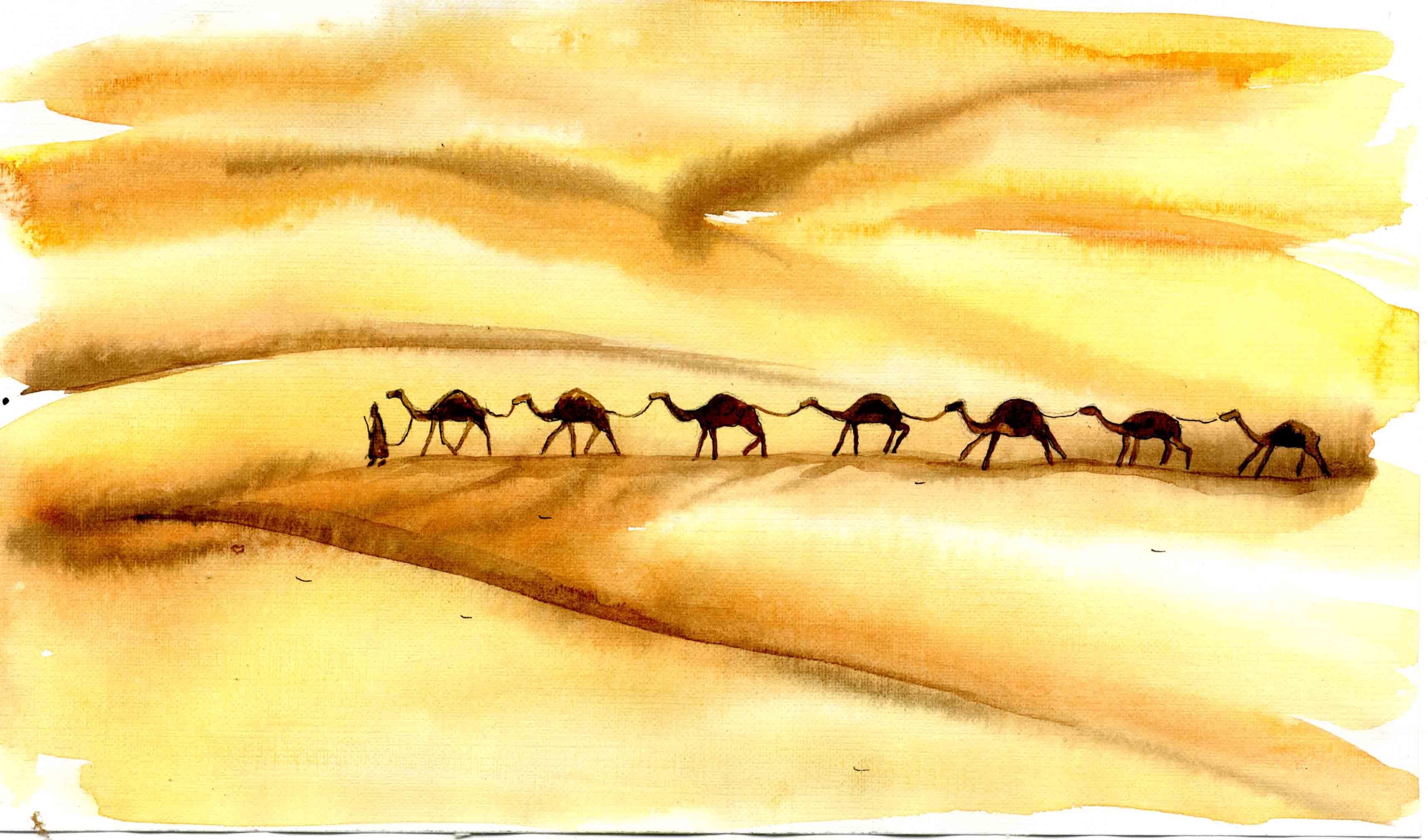 Караван простой. Пустыня Караван акварель. Рисунок пустыни. Верблюд в пустыне рисунок. Акварель верблюд пустыня.