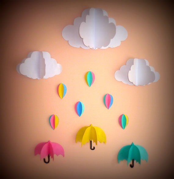 Аппликация живые облака в средней группе. Поделка тучка. Аппликация тучка. Аппликация зонтик объемный. Зонтики из бумаги для украшения группы.