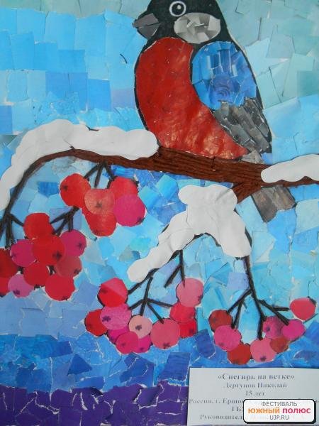 Обрывная аппликация Снегирь