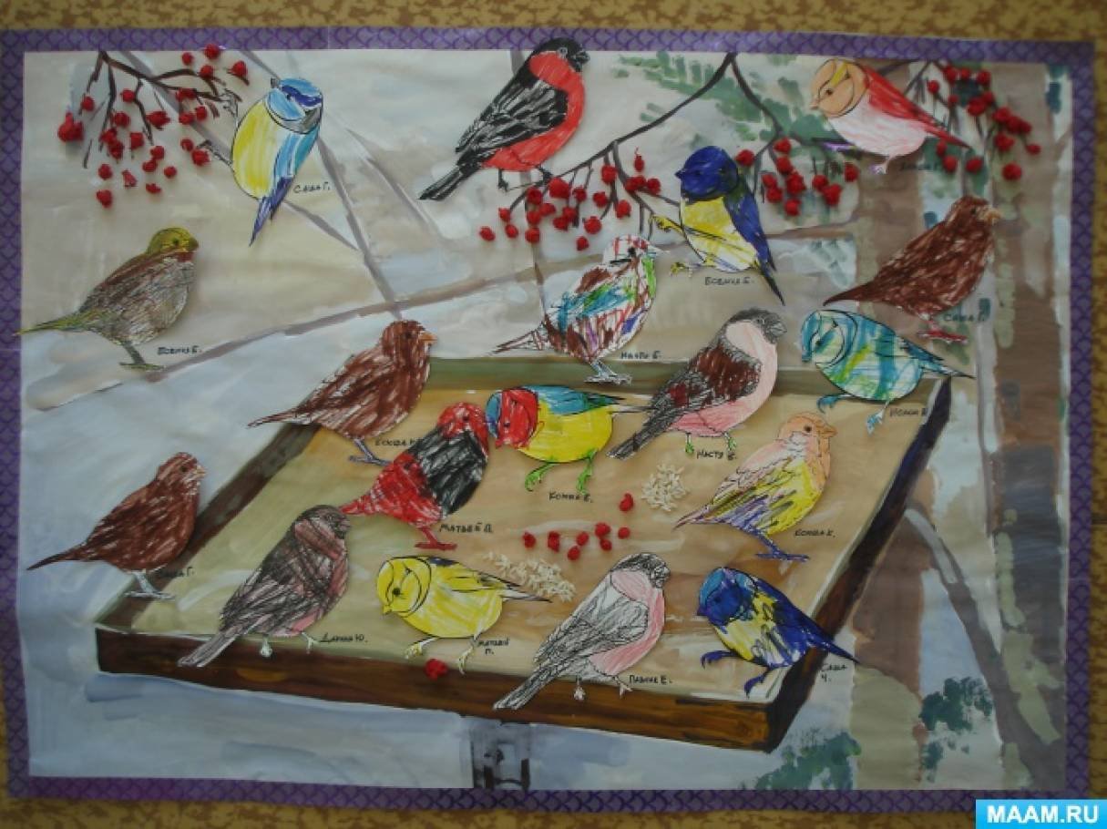 Планирование пернатые друзья средняя группа. Коллективные работы детей в детском саду птицы. Коллективная работа детей в саду птицы. Коллективные работы для детей на птицы зимой. Выставка работ на тему птицы.