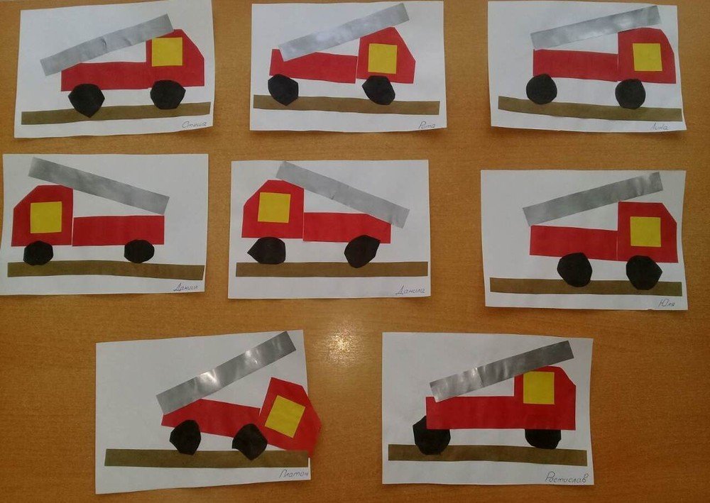 Пожарная машина младшая группа. Аппликация машина в средней группе. Машинка из цветной бумаги. Аппликация пожарная машина. Аппликация по теме транспорт в старшей группе.
