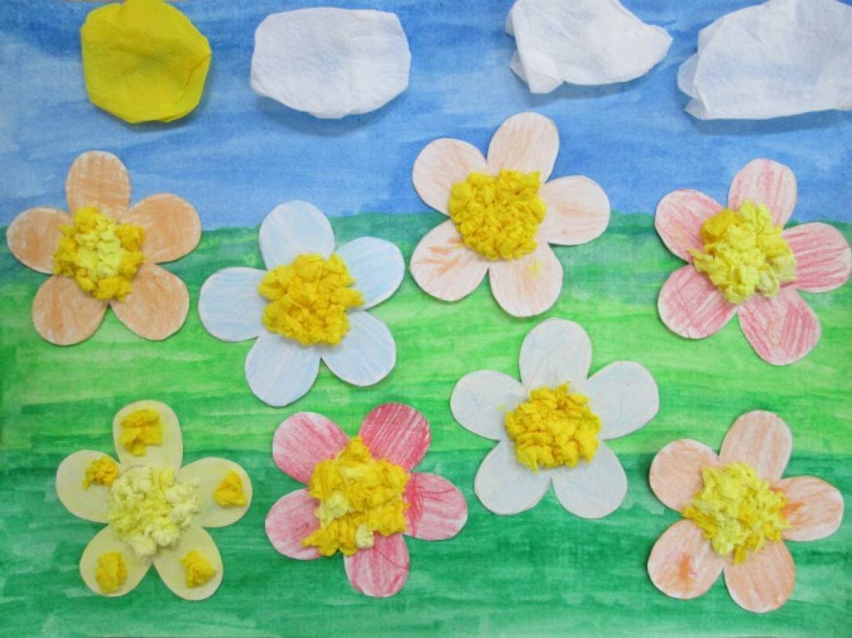 Группа цветочная поляна. Аппликация Цветочная Поляна. Рисование с элементами аппликации панно красивые цветы. Панно красивые цветы рисование в старшей группе. Аппликация весенние цветы.