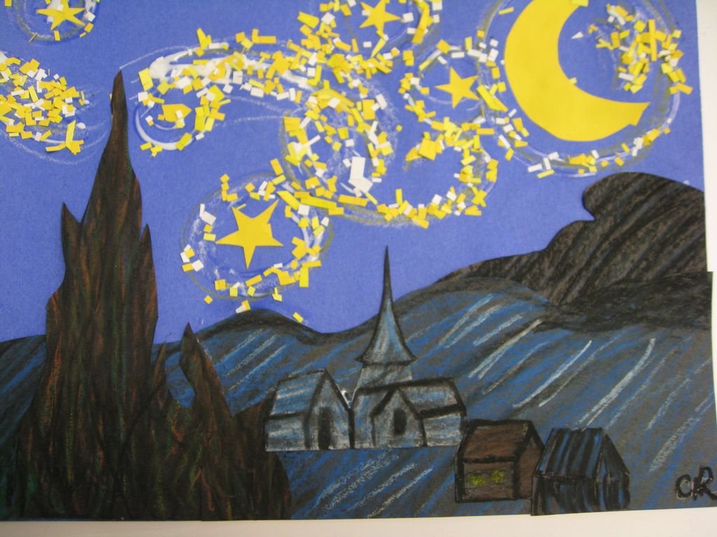 Звездная ночь из из цветной бумаги детям. Коллаж картин Ван Гога. Нарисовать поделку ночь. Коллаж день и ночь. Аппликация звездное небо