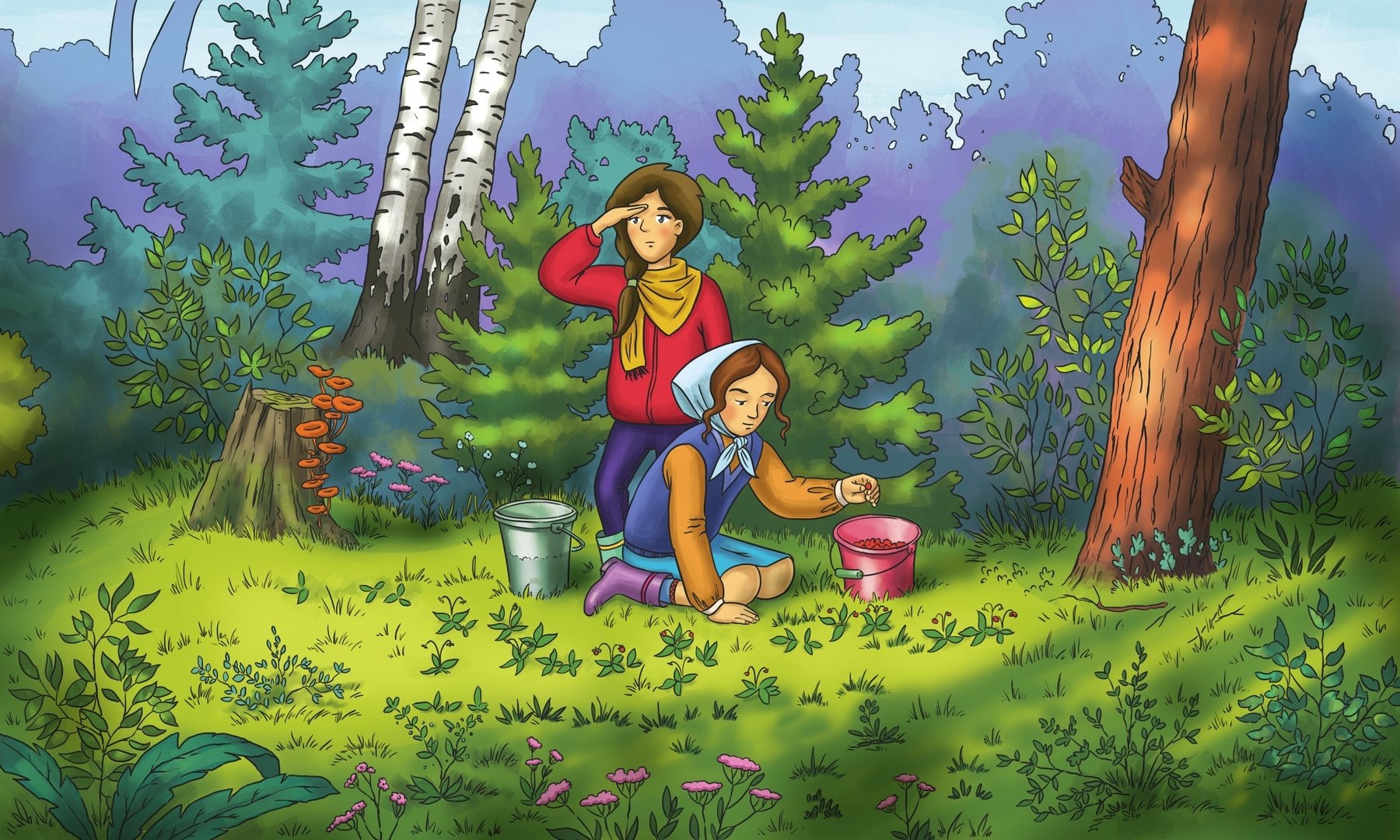 Ваня часто приходил к нам в деревню. Дети собирают грибы в лесу. Дети собирают ягоды. Дети собирают грибы и ягоды в лесу. Человек в лесу рисунок.