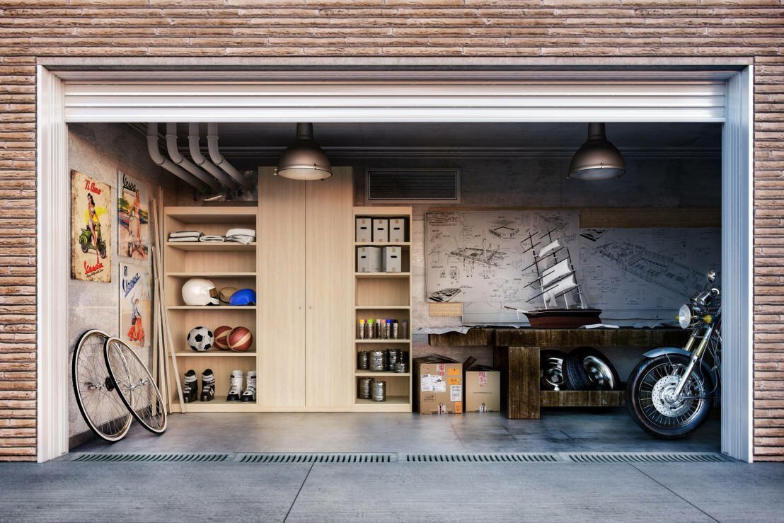 Красивый гараж. Стильный гараж. Гараж в американском стиле. Дизайнерский гараж.