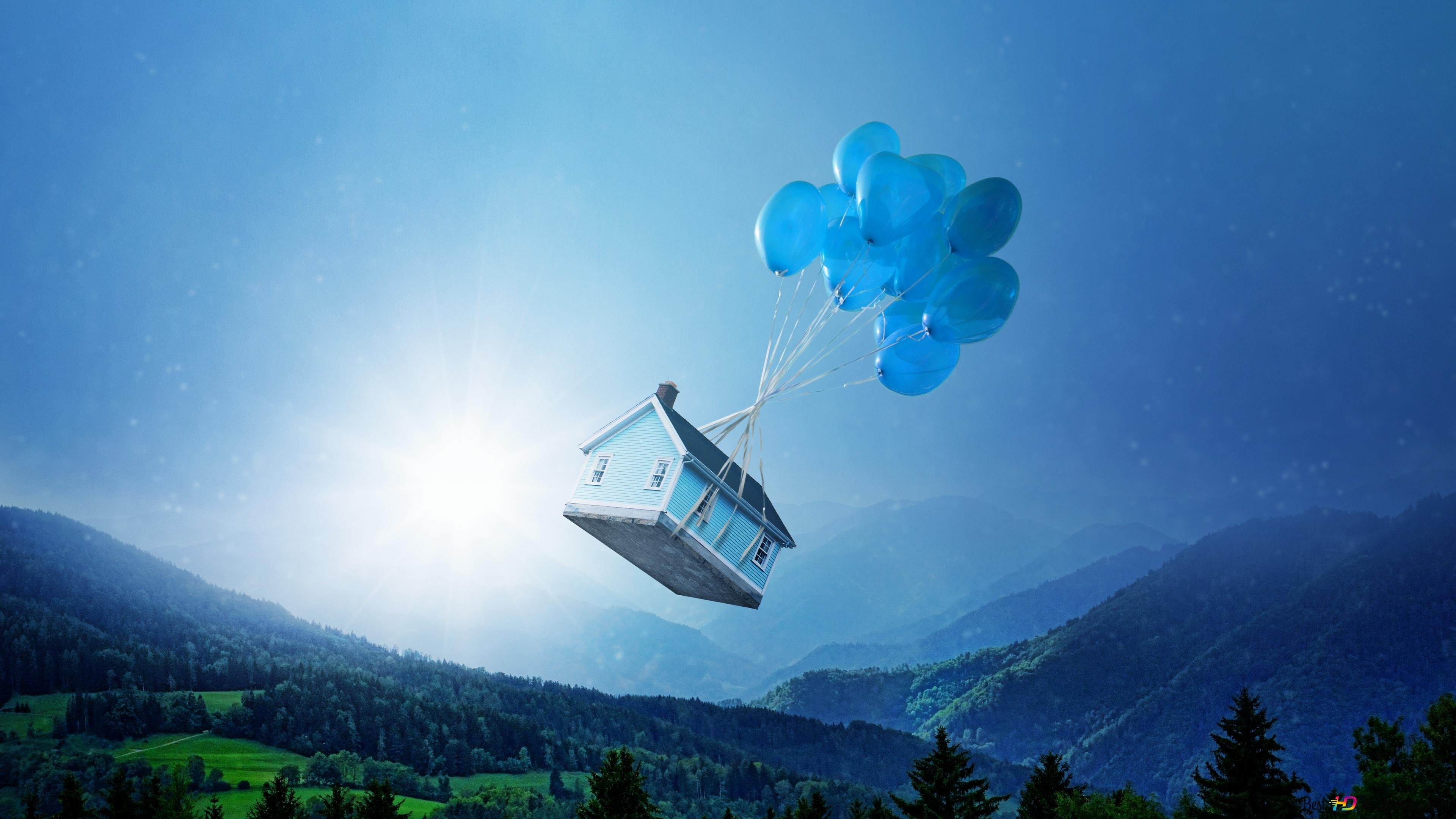 Летающий дом. Летающий домик. Летающий дом на шариках. Домик летящий на воздушных шарах.