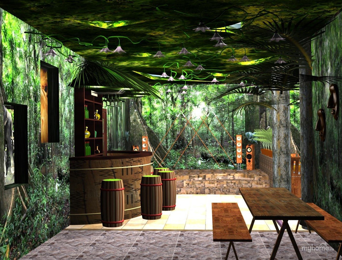 Кафе в стиле джунгли интерьер. Комната в стиле джунгли. Кафе в стиле джунглей. Кухня в стиле джунгли.