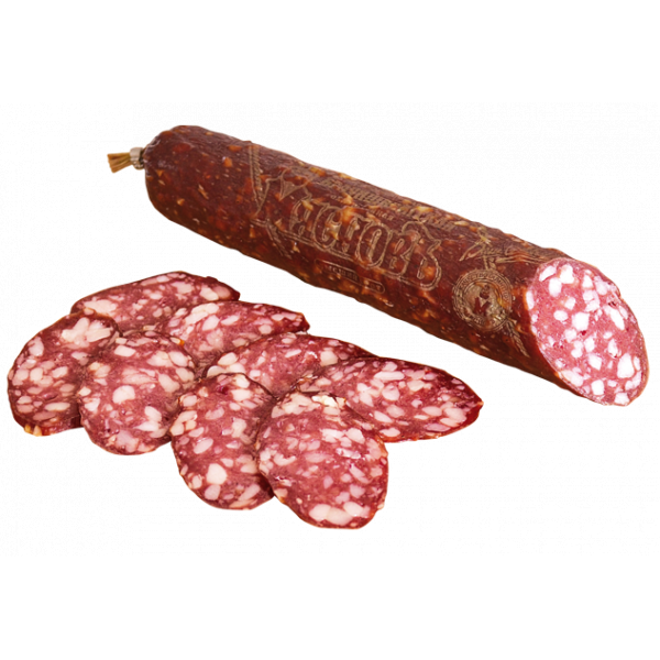 Копченая колбаса на белом фоне