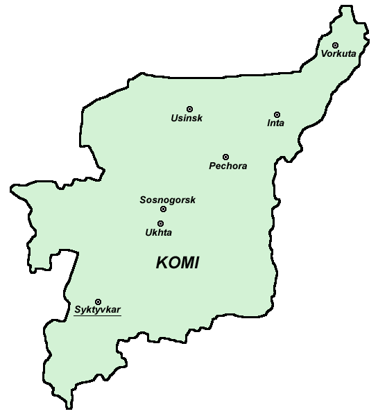 Контурная карта Республики Коми с городами