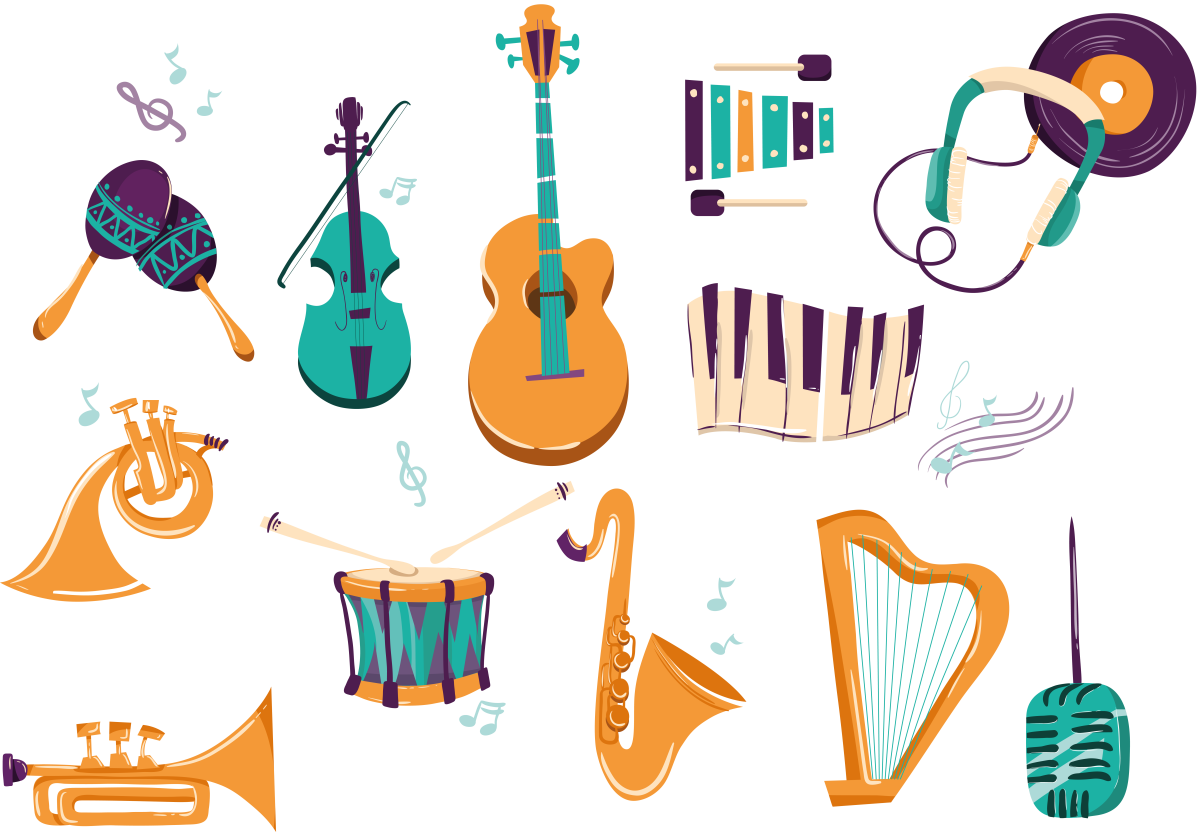 Музыка без музыкальных инструментов. Музыкальные инструменты. Музыкальные инструменты иллюстрации. Цветные музыкальные инструменты. Стилизованные музыкальные инструменты.