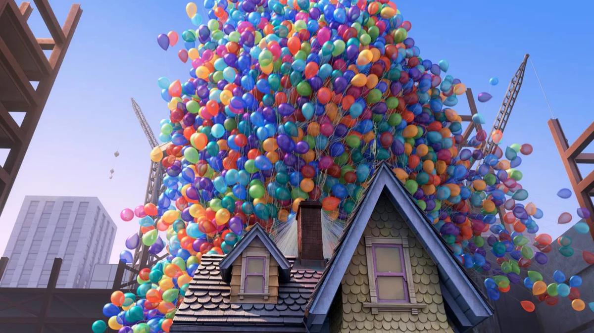 Летающий шарик дома. Домик на воздушных шариках. Дом с воздушными шарами. Летающий дом с шарами.