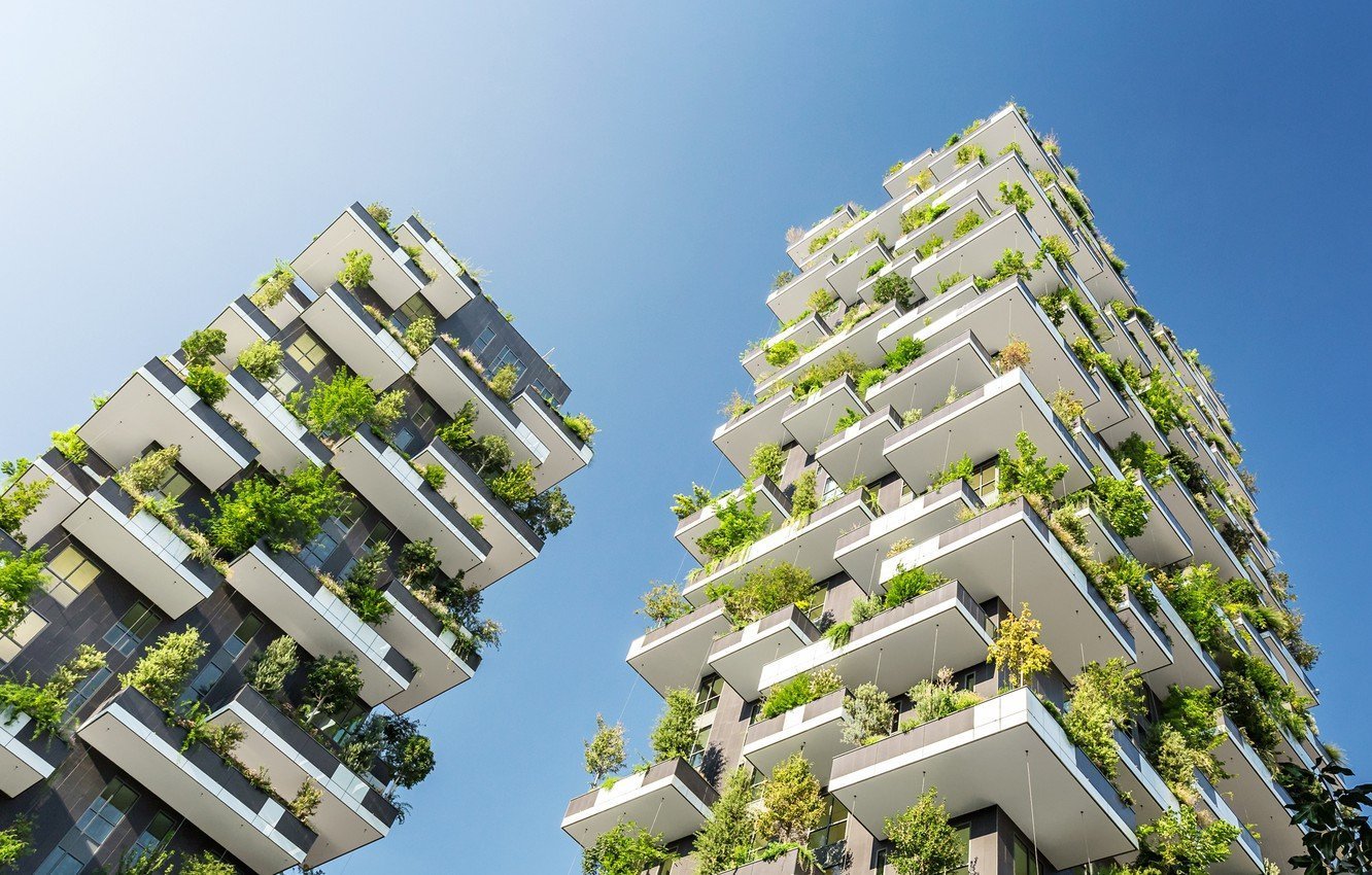 4 высотных дома. Небоскребы Bosco verticale в Милане.