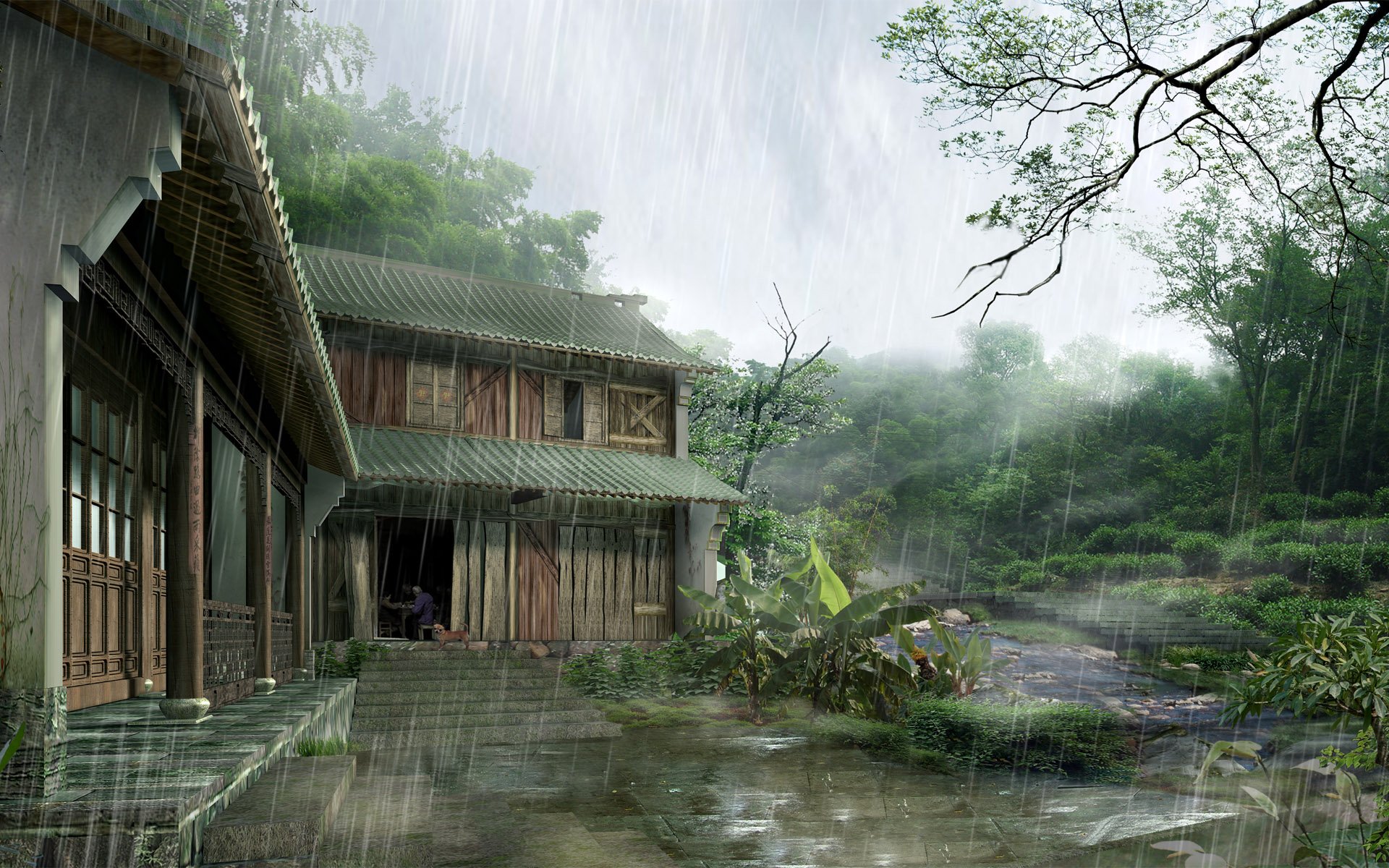 Домик в джунглях. Пейзаж китайской деревни. Китайский домик в лесу. Дождь в джунглях деревня.